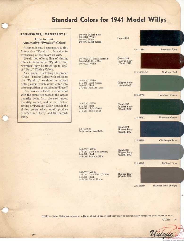 1941 Willys Paint Charts DuPont 1